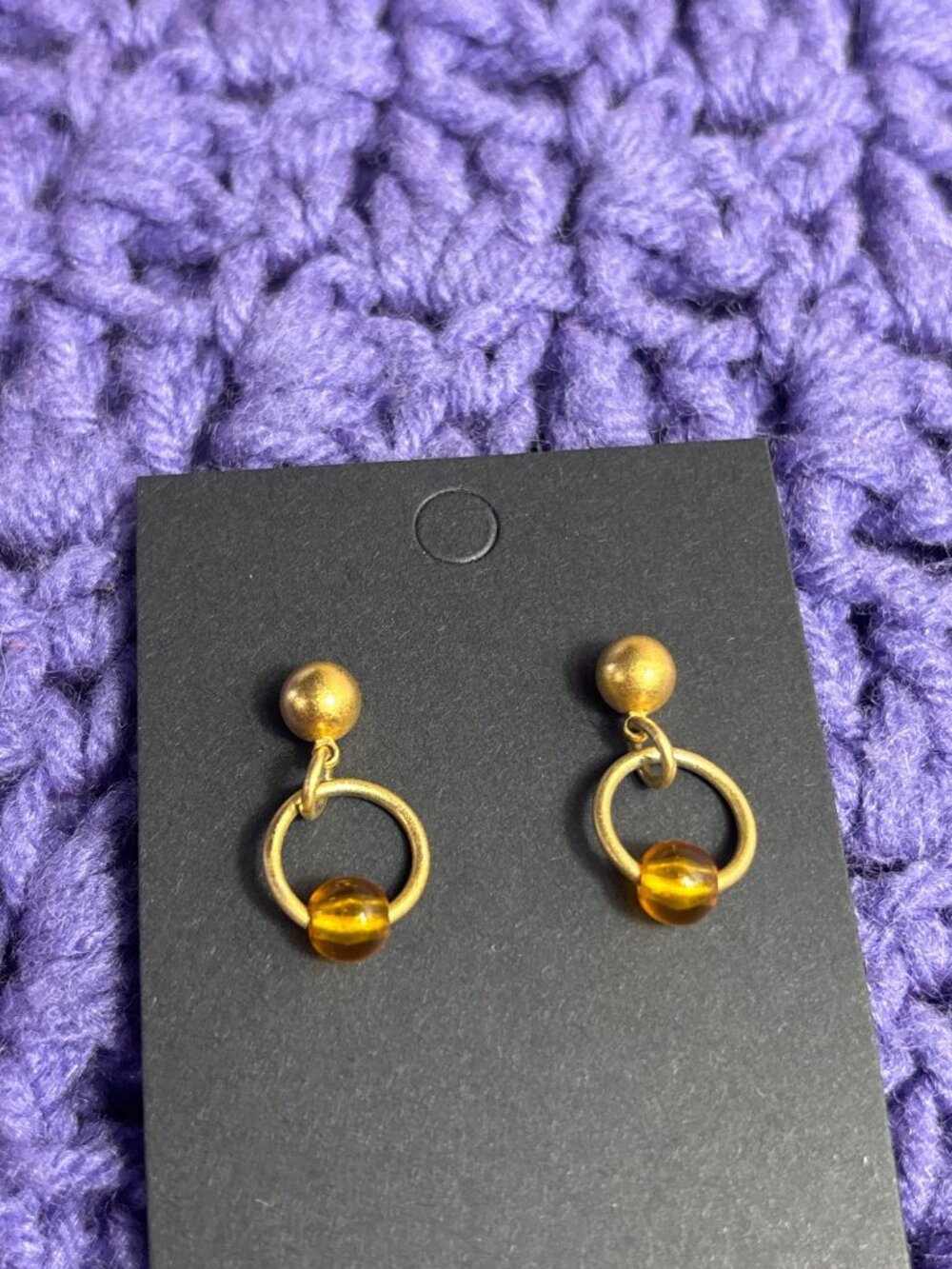 Vintage Goldtone Circle Hoop Dangle Earrings Orange Bead 7/8 inch